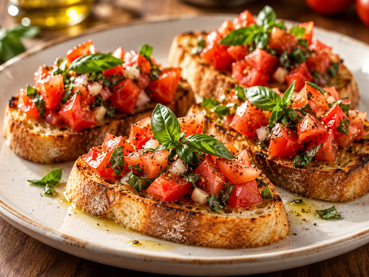 Basil Tomato Bruschetta plated food photograph