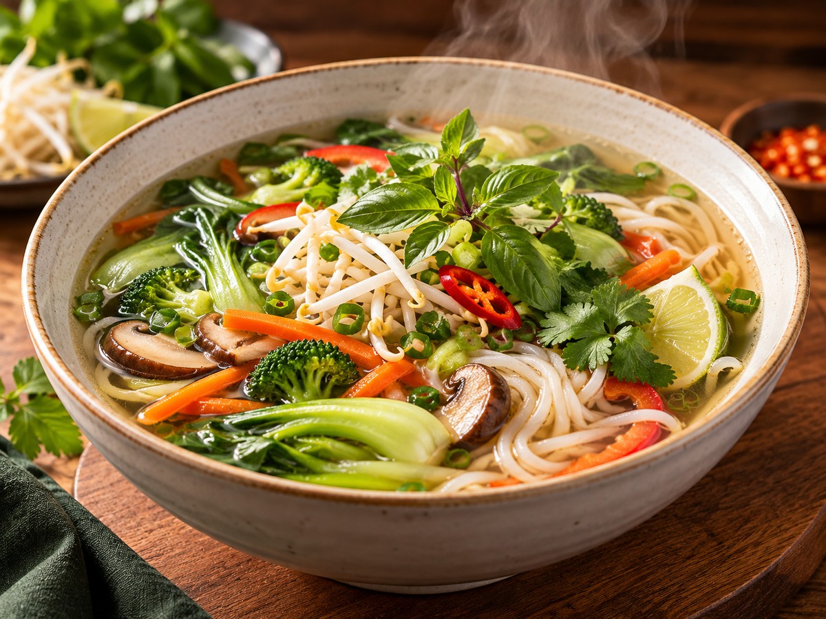 Veg Pho Noodles plated food photograph
